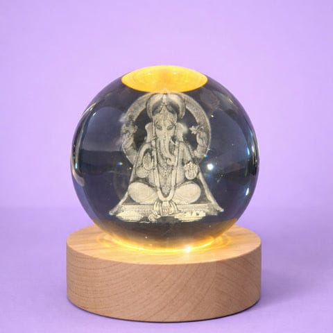 3D Crystal Ganesh Night Lamp with Wooden Base, USB Powered Decorative Light