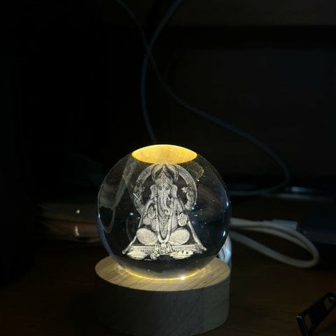 3D Crystal Ganesh Night Lamp with Wooden Base, USB Powered Decorative Light
