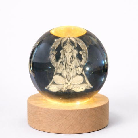 3D Crystal Ganesh Night Lamp with Wooden Base, USB Powered Decorative Light